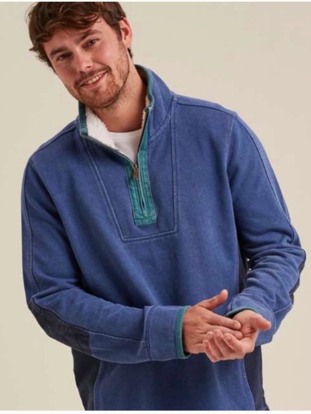 Men’s Fat Face Blue Airlie Pullover Sherpa Fleece Lined Quarter Zip Canvas